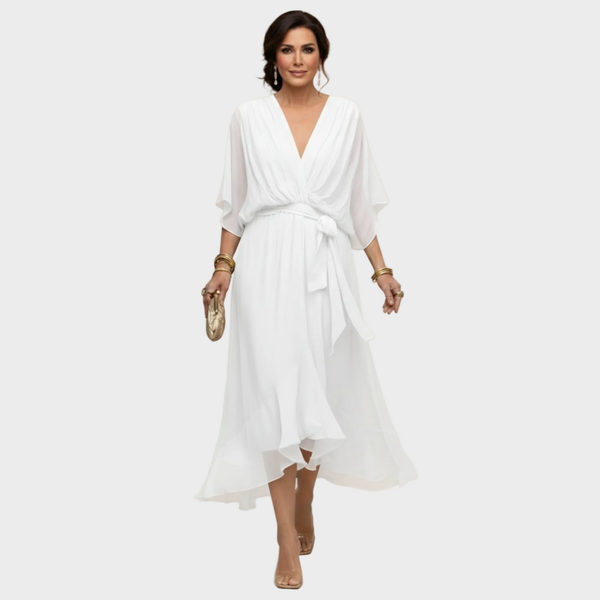 Damen Midi Chiffonkleid mit V Ausschnitt und Bindegürtel
