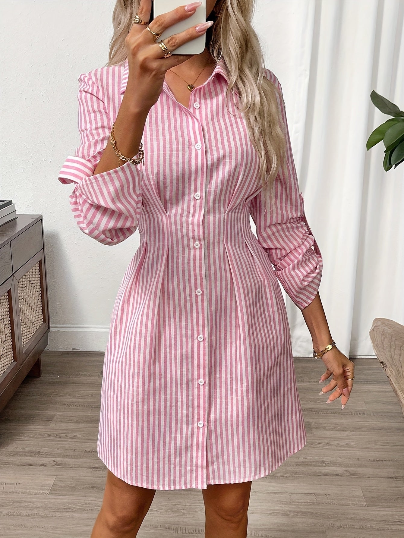 Damen gestreiftes Hemdblusenkleid mit Knopfleiste