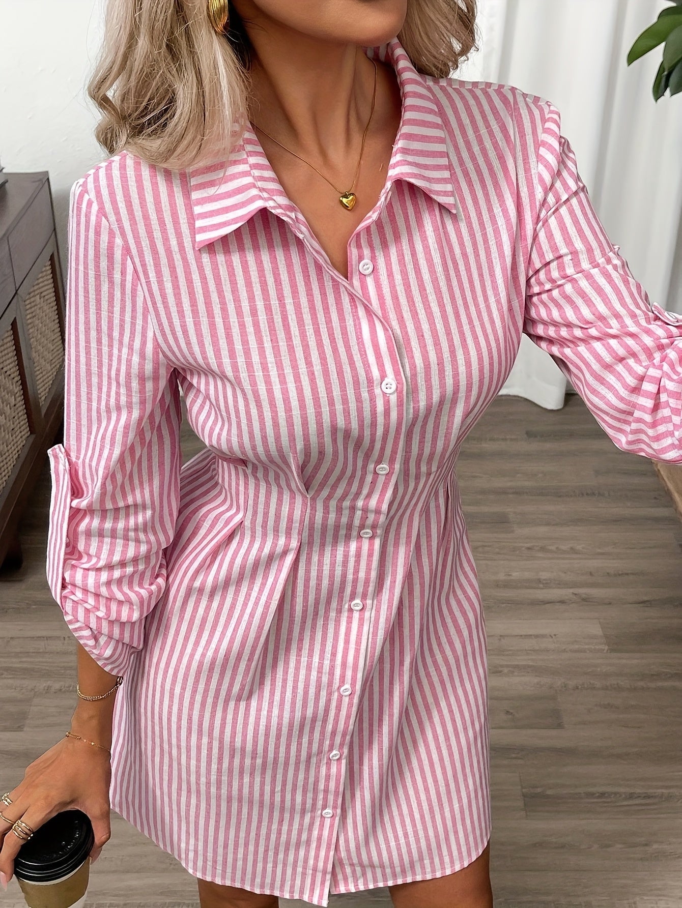 Damen gestreiftes Hemdblusenkleid mit Knopfleiste