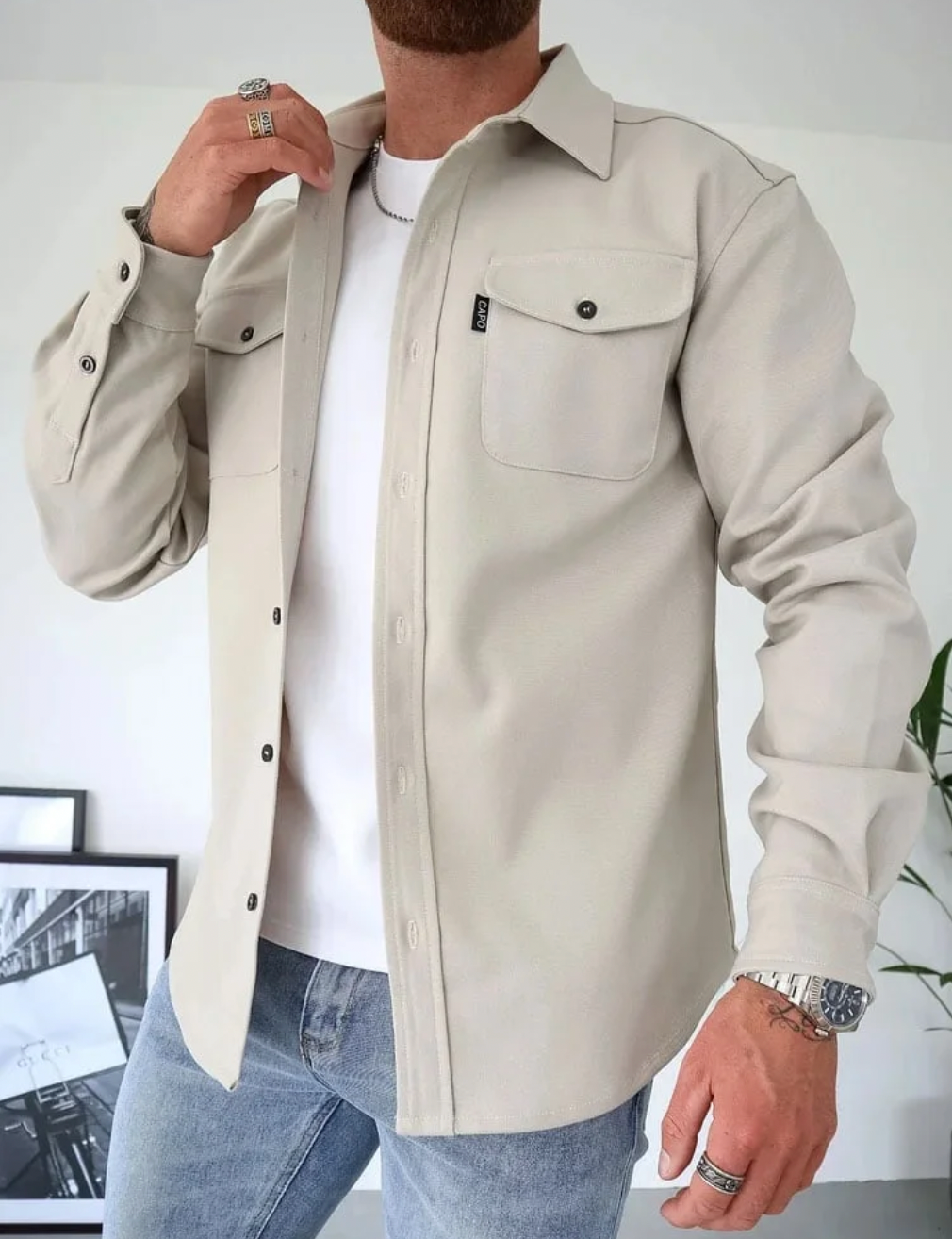 Herren Hemdjacke mit Knopfleiste Brusttaschen lässig
