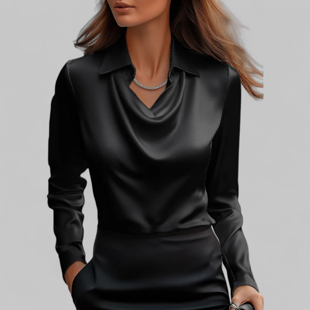 Rose Damen langärmelige Satinbluse mit Drapierung