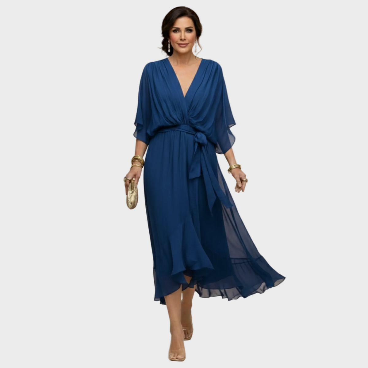Damen Midi Chiffonkleid mit V Ausschnitt und Bindegürtel