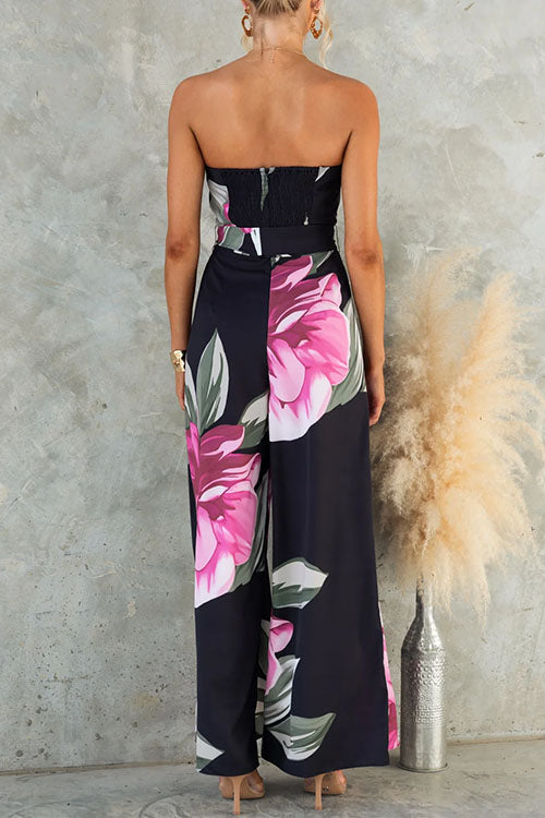 Damen Blumenprint Jumpsuit mit weitem Bein trägerlos und Taillenbund