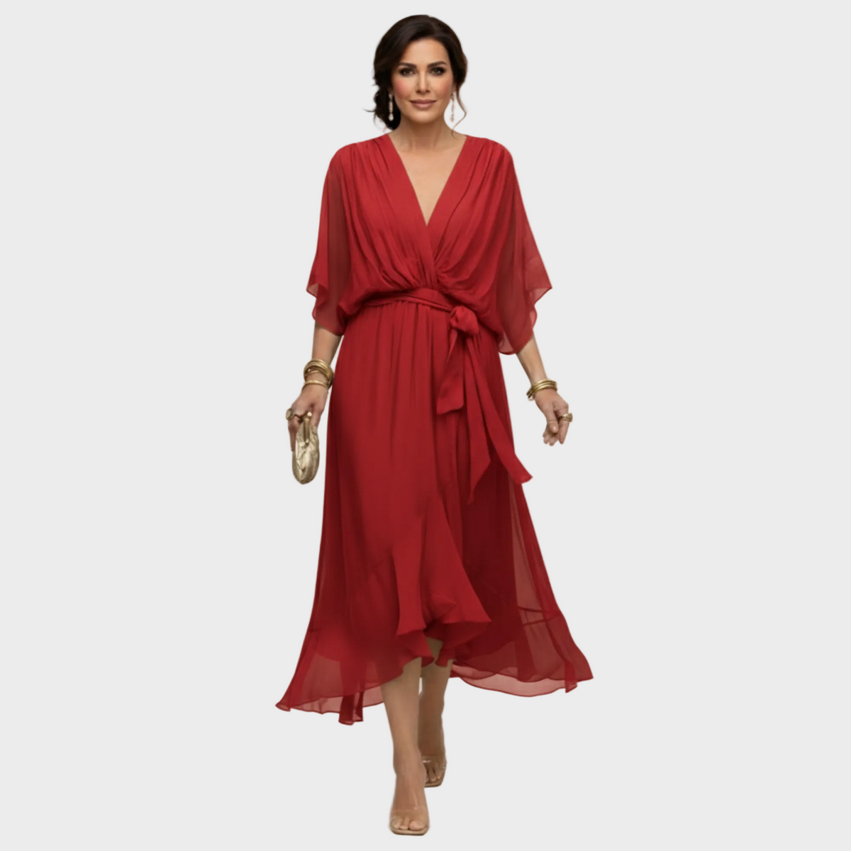 Damen Midi Chiffonkleid mit V Ausschnitt und Bindegürtel