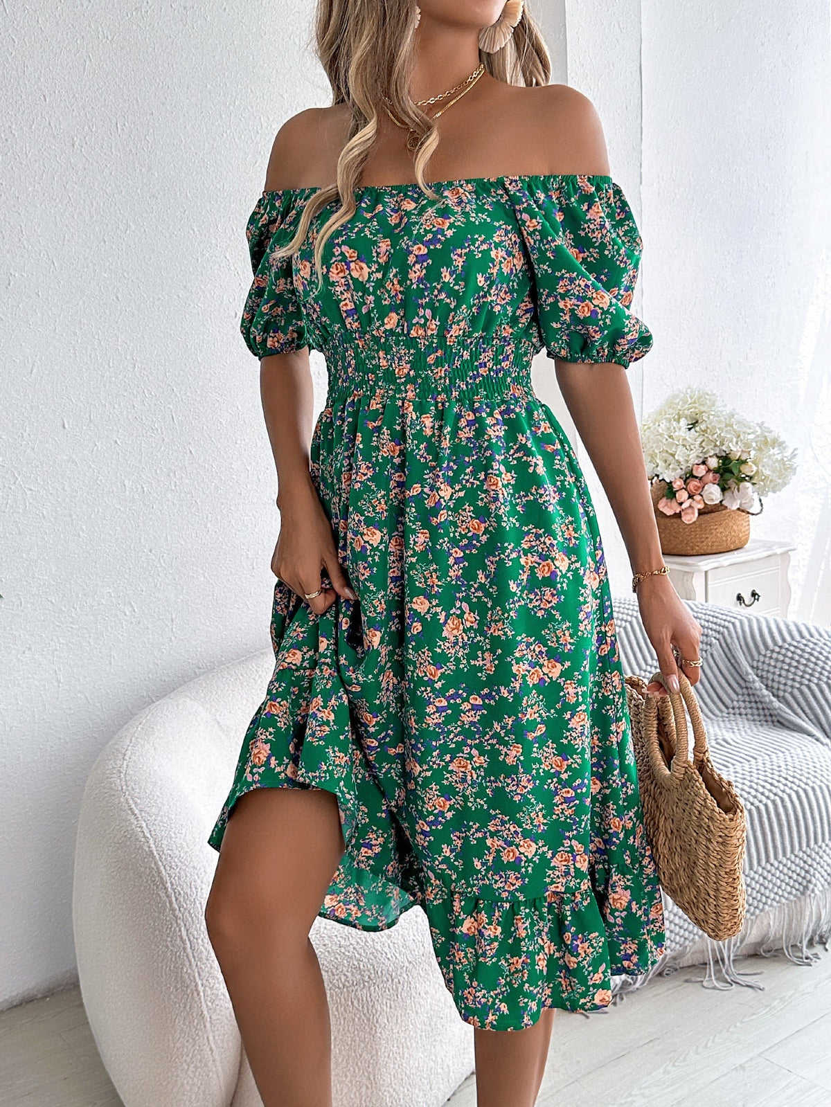 Blumenprint Kleid mit quadratischem Ausschnitt Rüschen und hoher Taille