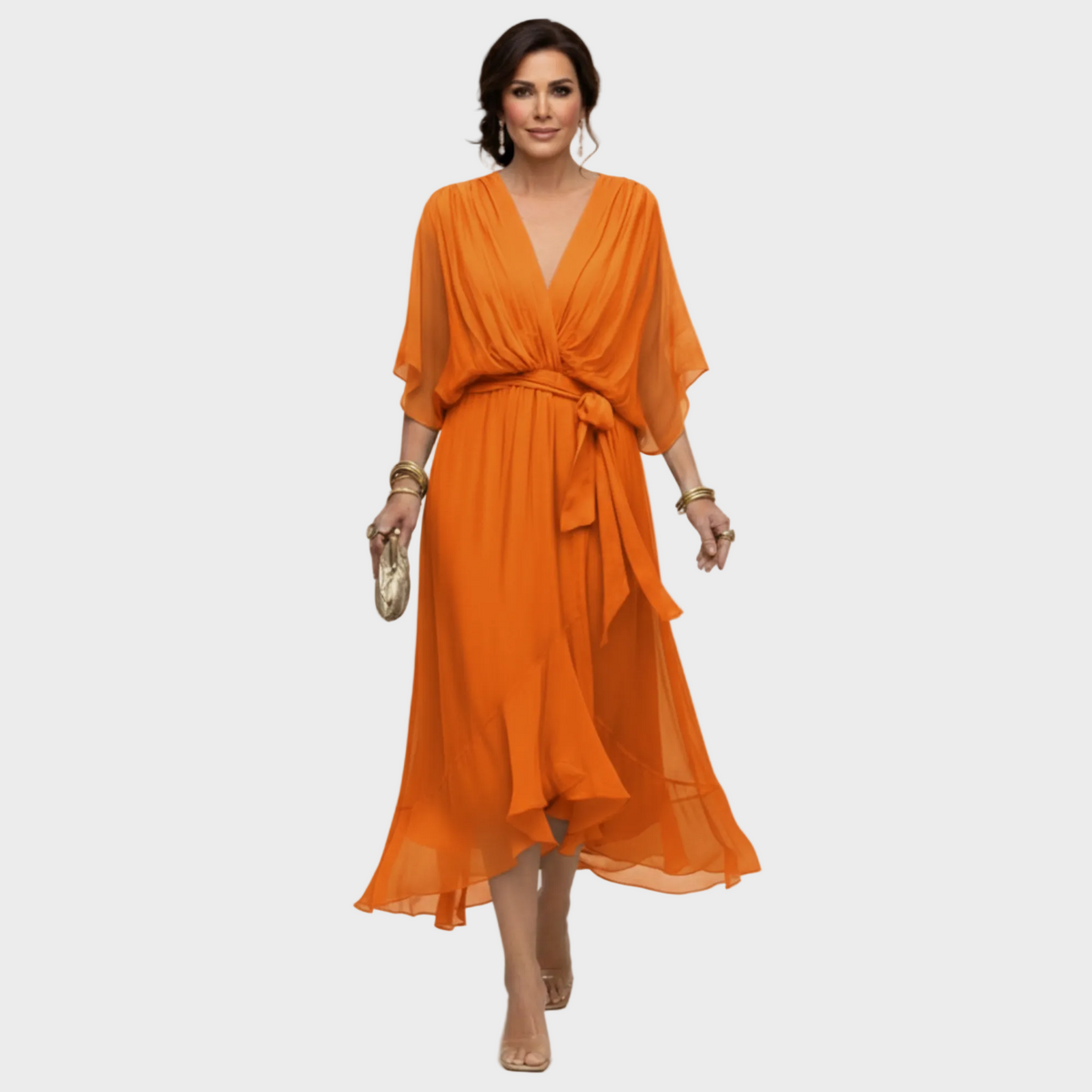 Damen Midi Chiffonkleid mit V Ausschnitt und Bindegürtel