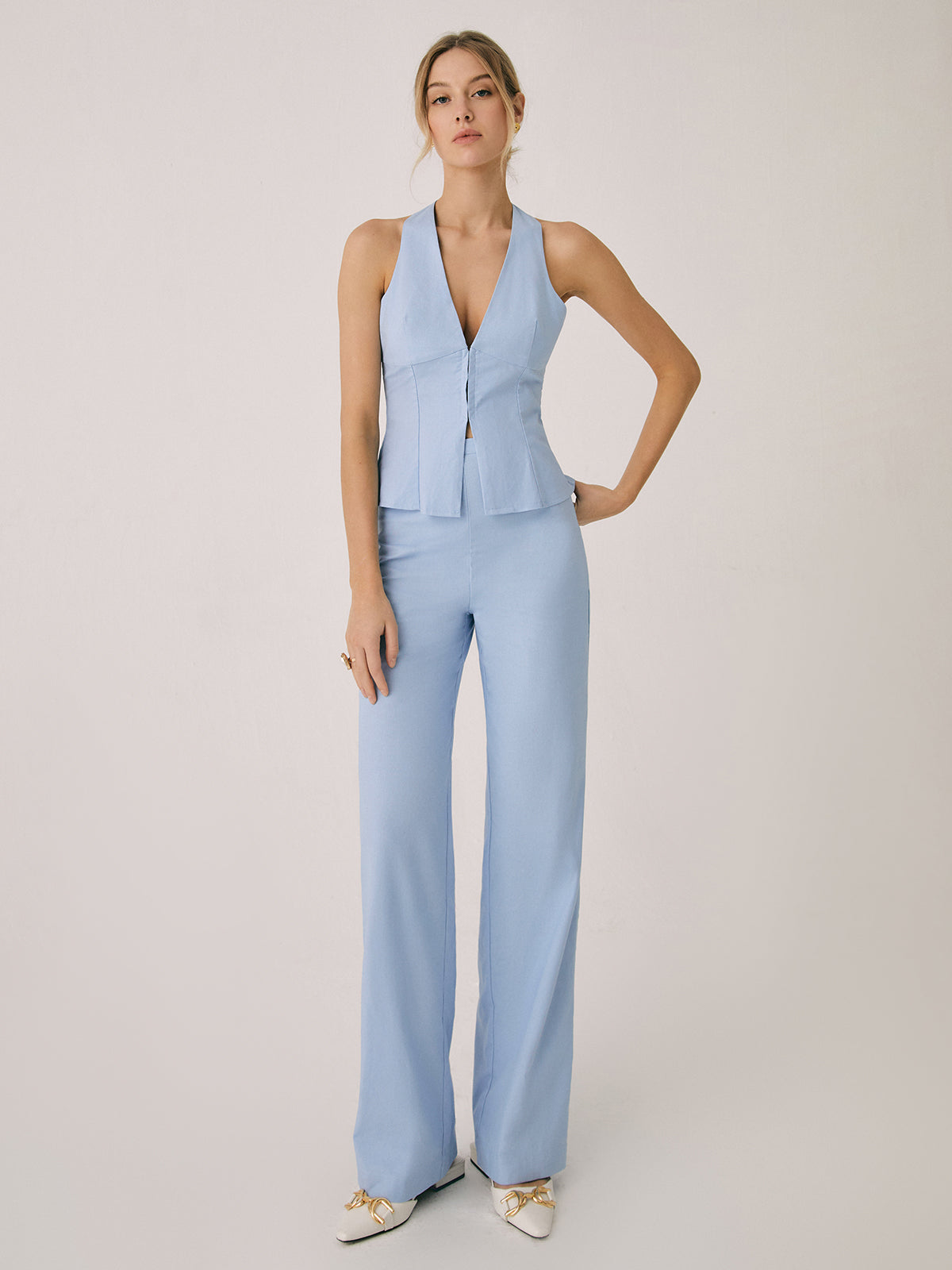 Damen Halterneck Set mit V Ausschnitt und weitem Bein