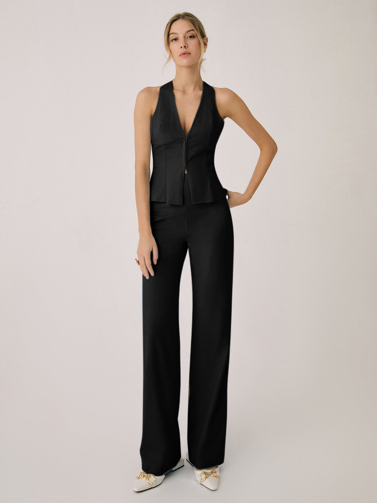 Damen Halterneck Set mit V Ausschnitt und weitem Bein