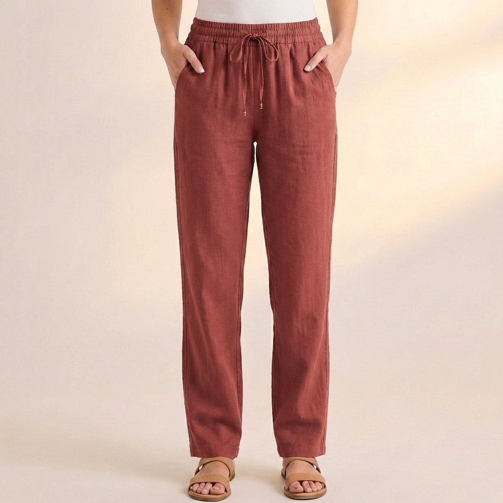 Lockere Damen Hose aus Leinen-Mix mit Kordelzug – Lang