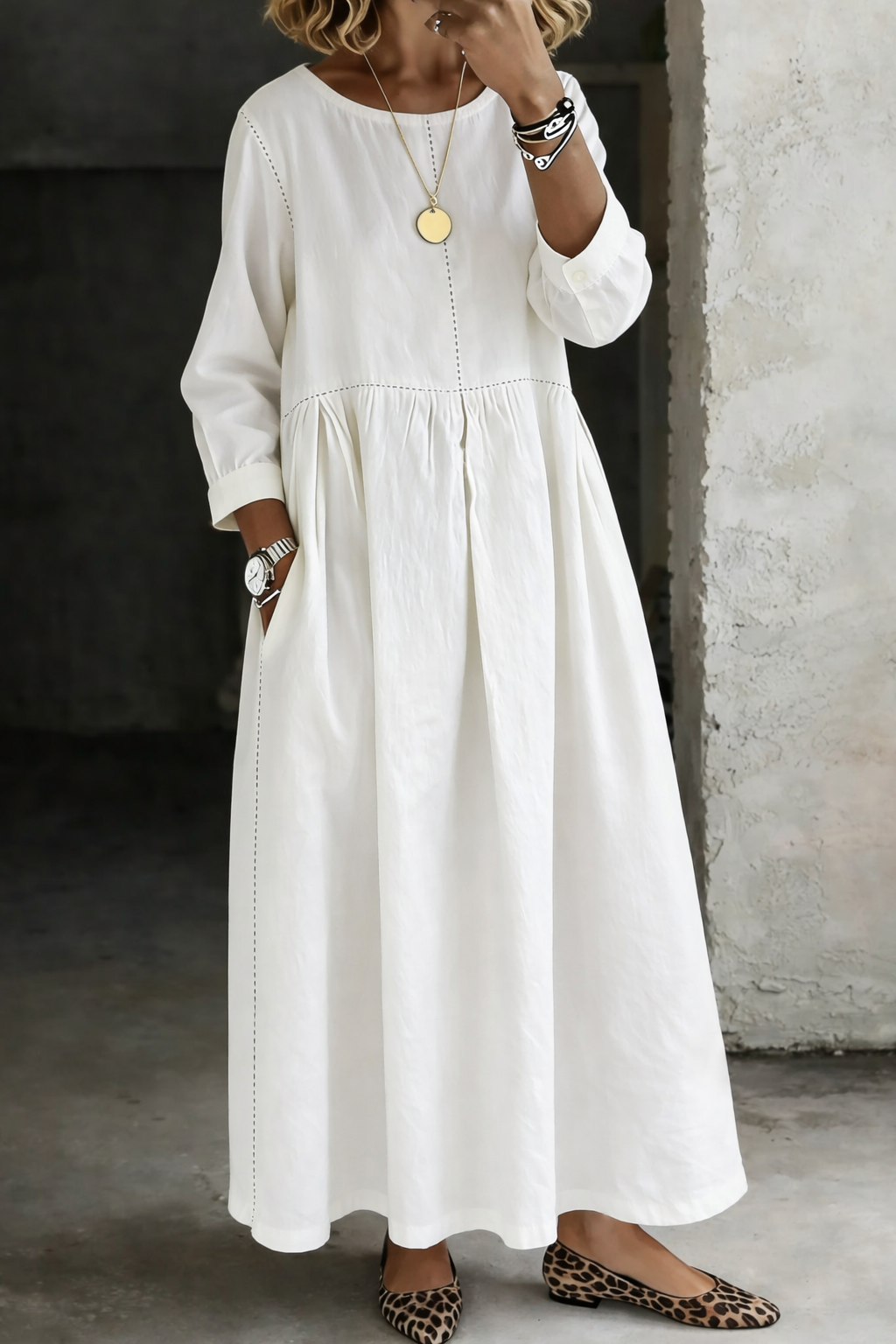 Damen Langarm Smock Kleid Maxi