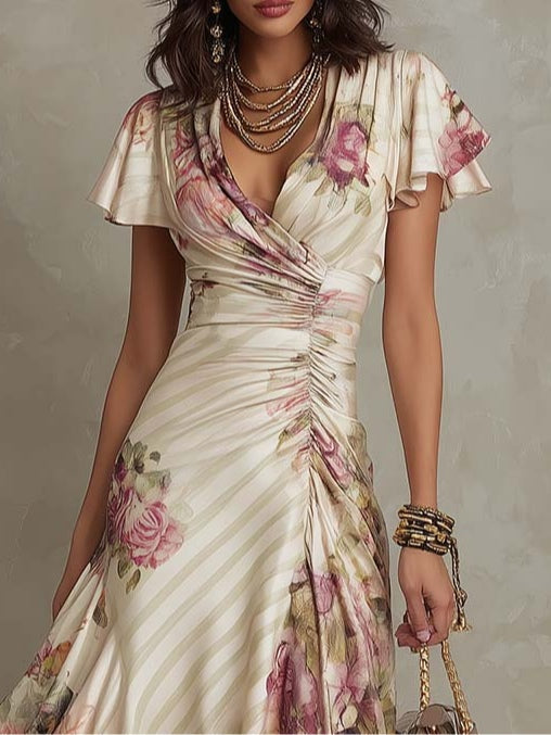 Alba Damen Retro Satin Midi Kleid mit Blumenmuster