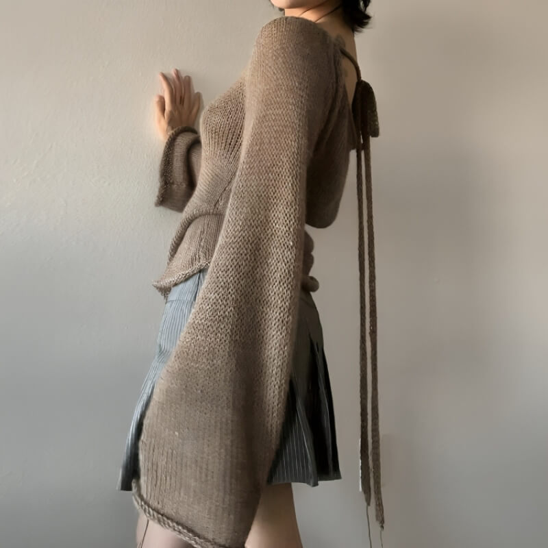 Rückenfrei Strickpullover mit Schlagärmeln