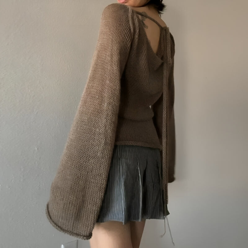 Rückenfrei Strickpullover mit Schlagärmeln