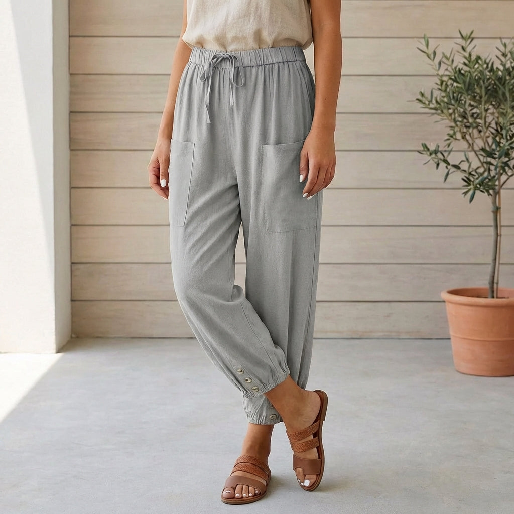 Hoch taillierte Relaxed-Cropped-Hose mit gerafften Knöcheln aus Leinen