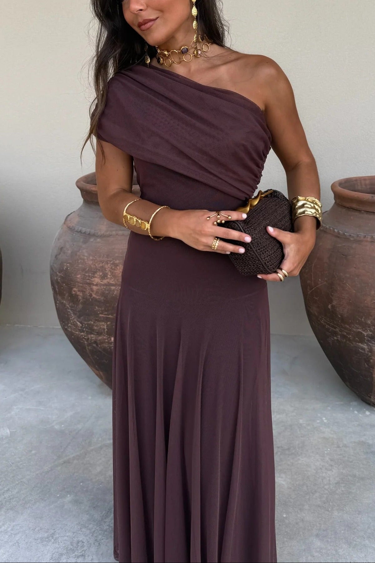 Brittany Damen One-Shoulder Mesh-Maxikleid für den Sommer