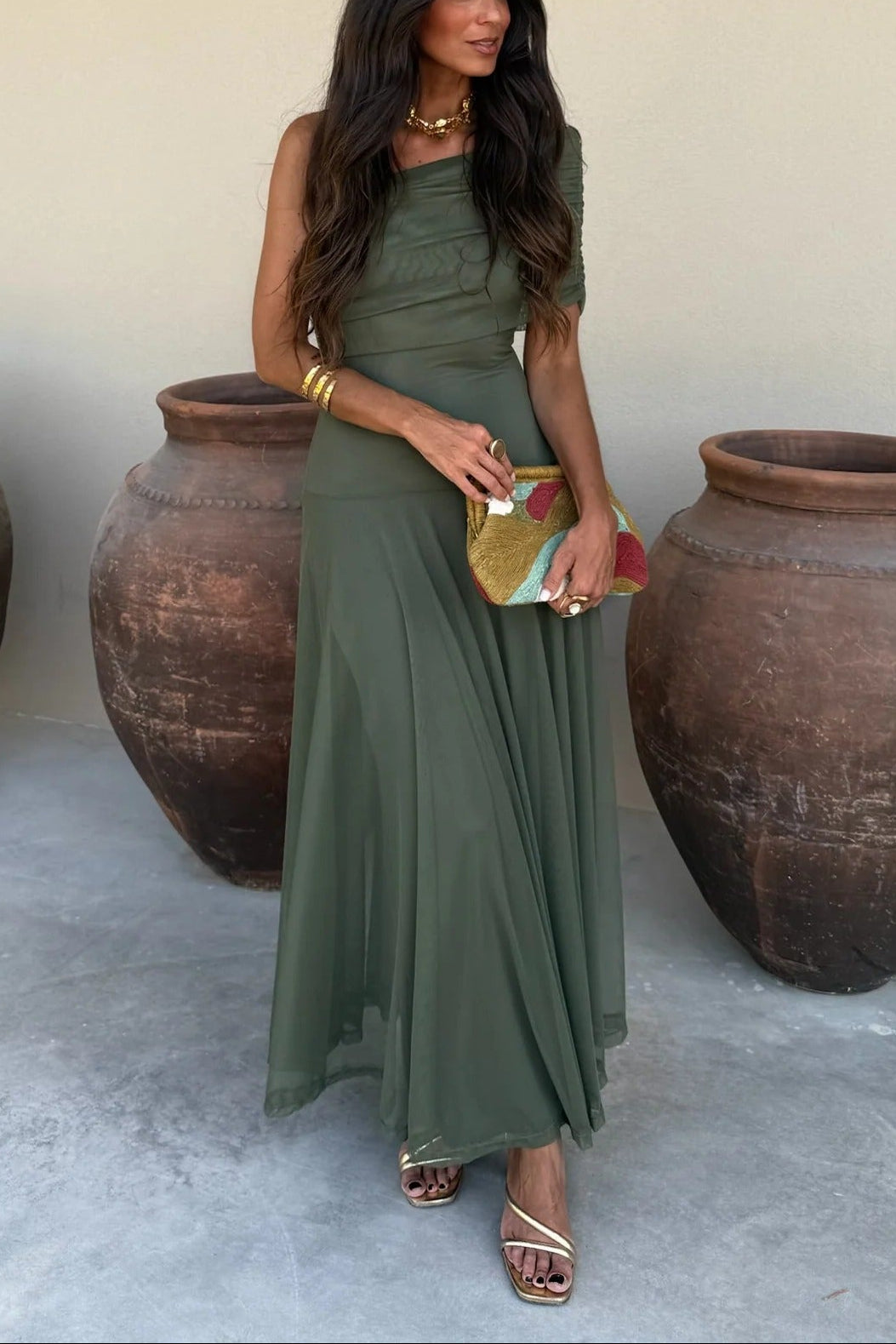 Brittany Damen One-Shoulder Mesh-Maxikleid für den Sommer