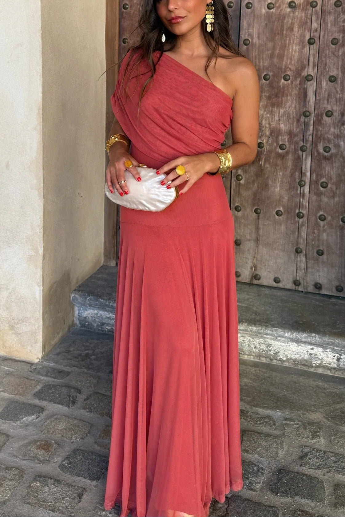 Brittany Damen One-Shoulder Mesh-Maxikleid für den Sommer