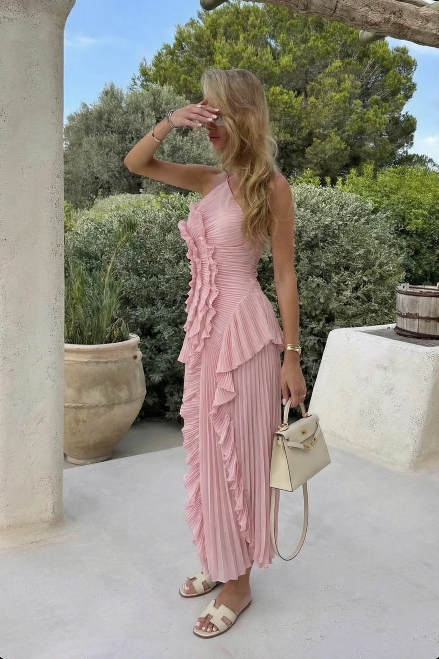 Eliza Damen plissiertes Rüschen-Maxikleid