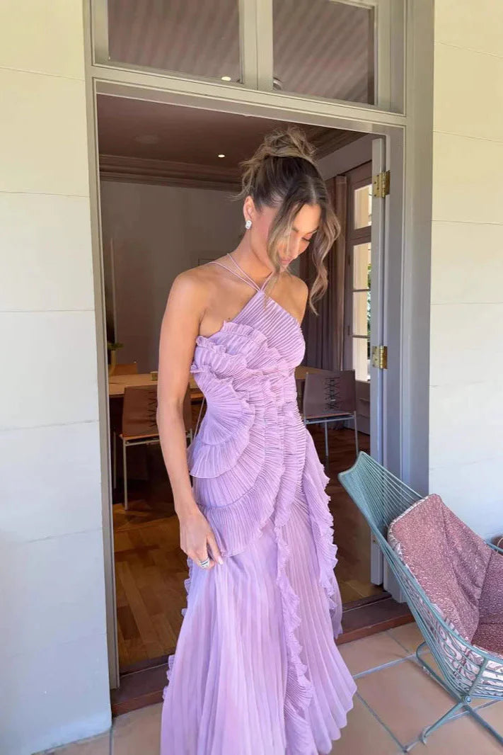Eliza Damen plissiertes Rüschen-Maxikleid