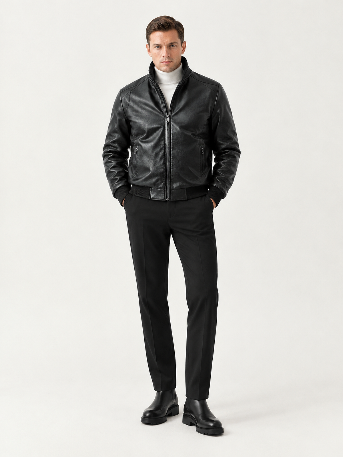 Herren Lederjacke mit Stehkragen und Reißverschluss
