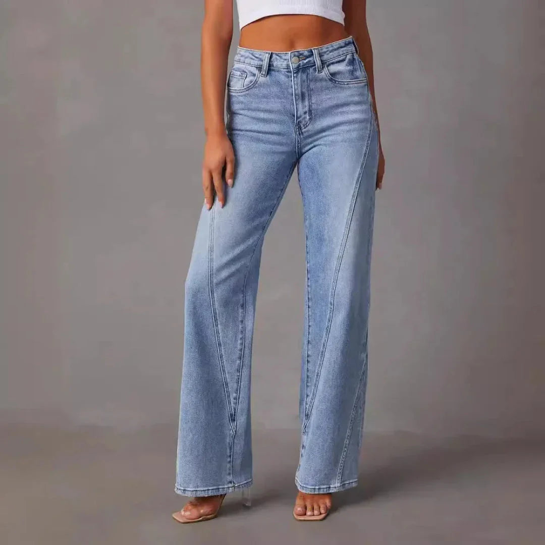 Damen High Waist Weitbein Jeans mit V Naht