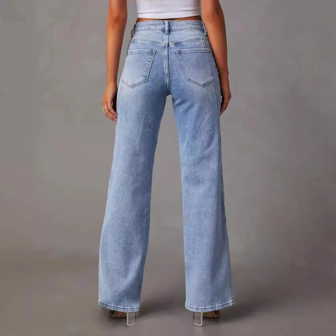 Damen High Waist Weitbein Jeans mit V Naht