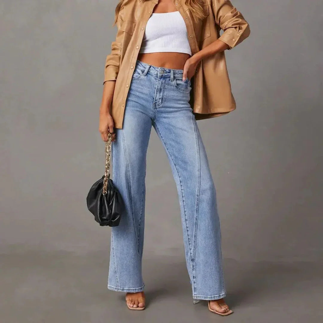 Damen High Waist Weitbein Jeans mit V Naht