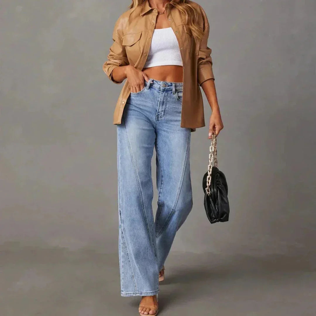 Damen High Waist Weitbein Jeans mit V Naht