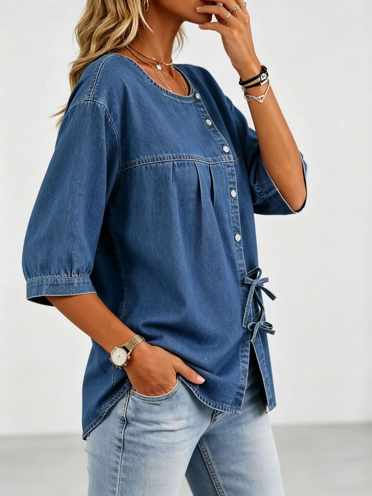 Lily Damen Denim Bluse im Vintage Stil