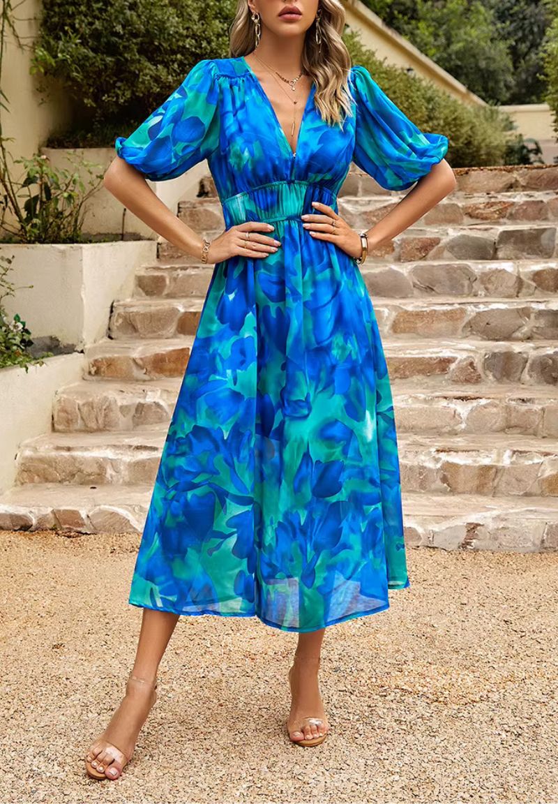 Damen Maxikleid mit Blumenmuster V-Ausschnitt Puffärmel