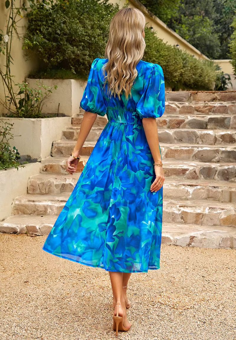 Damen Maxikleid mit Blumenmuster V-Ausschnitt Puffärmel