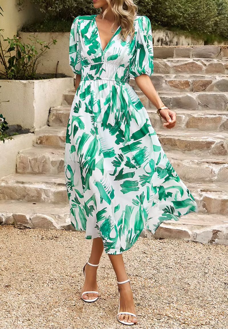 Damen Maxikleid mit Blumenmuster V-Ausschnitt Puffärmel