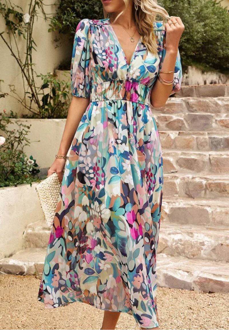 Damen Maxikleid mit Blumenmuster V-Ausschnitt Puffärmel