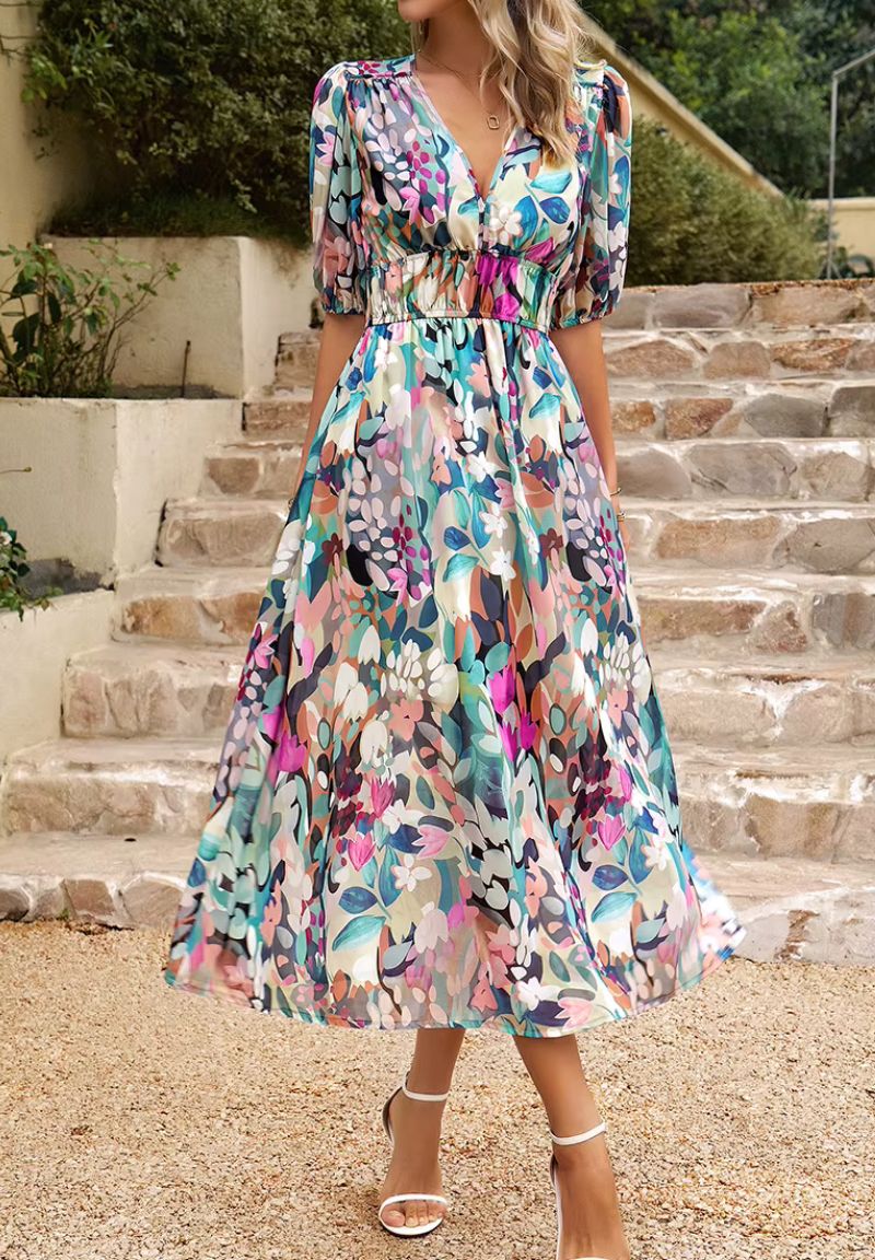 Damen Maxikleid mit Blumenmuster V-Ausschnitt Puffärmel