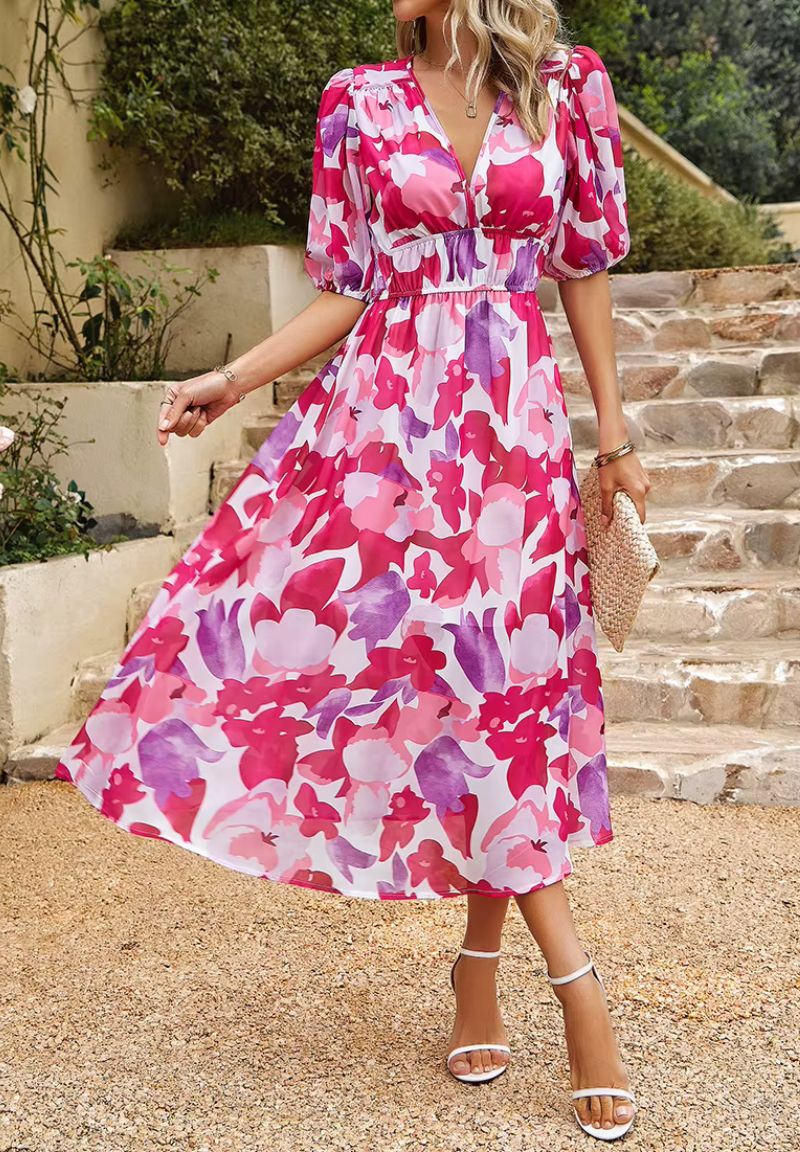 Damen Maxikleid mit Blumenmuster V-Ausschnitt Puffärmel