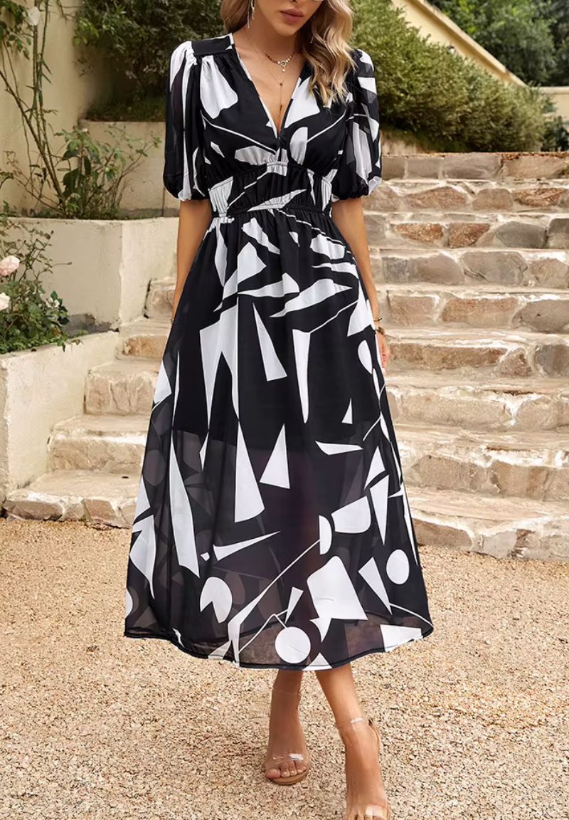 Damen Maxikleid mit Blumenmuster V-Ausschnitt Puffärmel