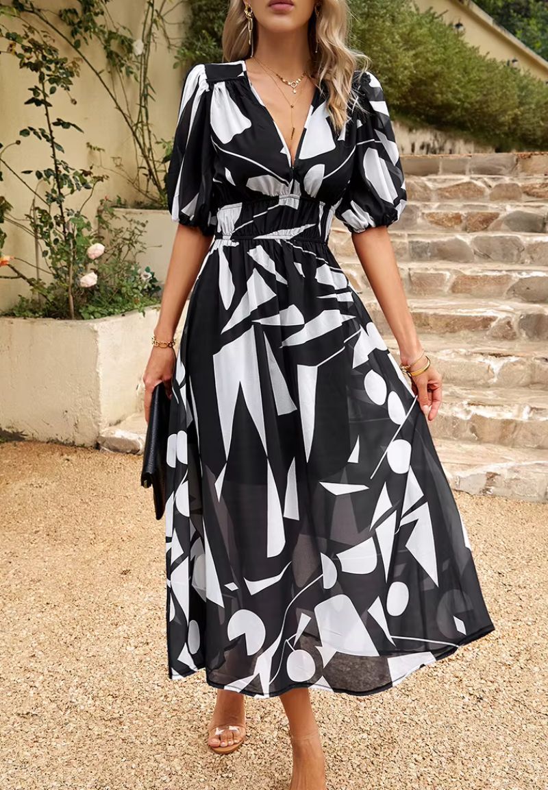 Damen Maxikleid mit Blumenmuster V-Ausschnitt Puffärmel