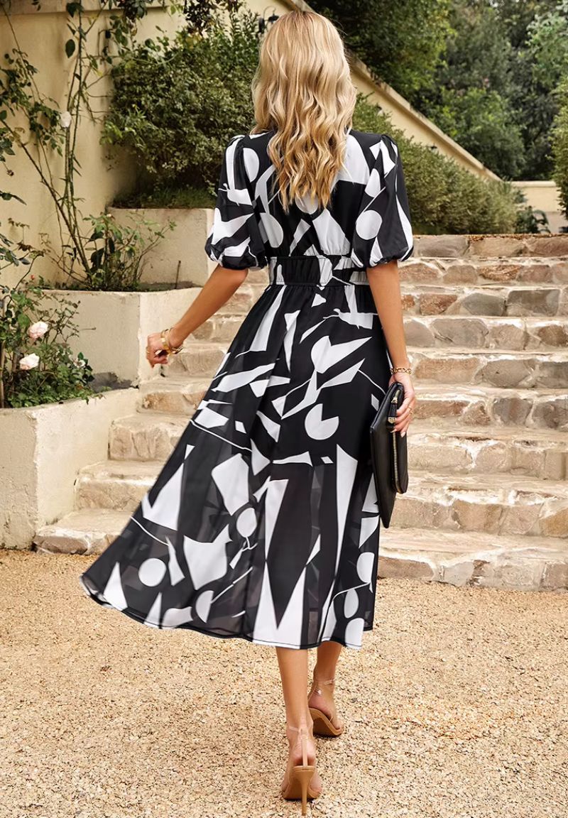 Damen Maxikleid mit Blumenmuster V-Ausschnitt Puffärmel