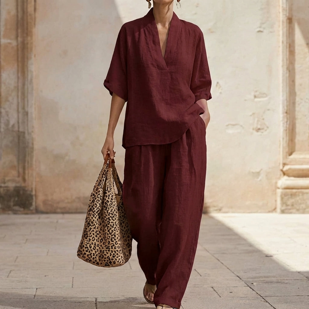 Dolores Damen Zweiteiler mit Henley Oberteil und weiter Hose