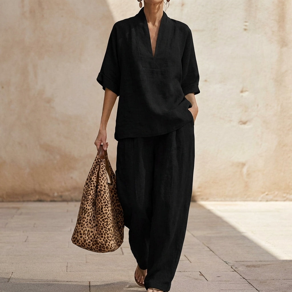 Dolores Damen Zweiteiler mit Henley Oberteil und weiter Hose