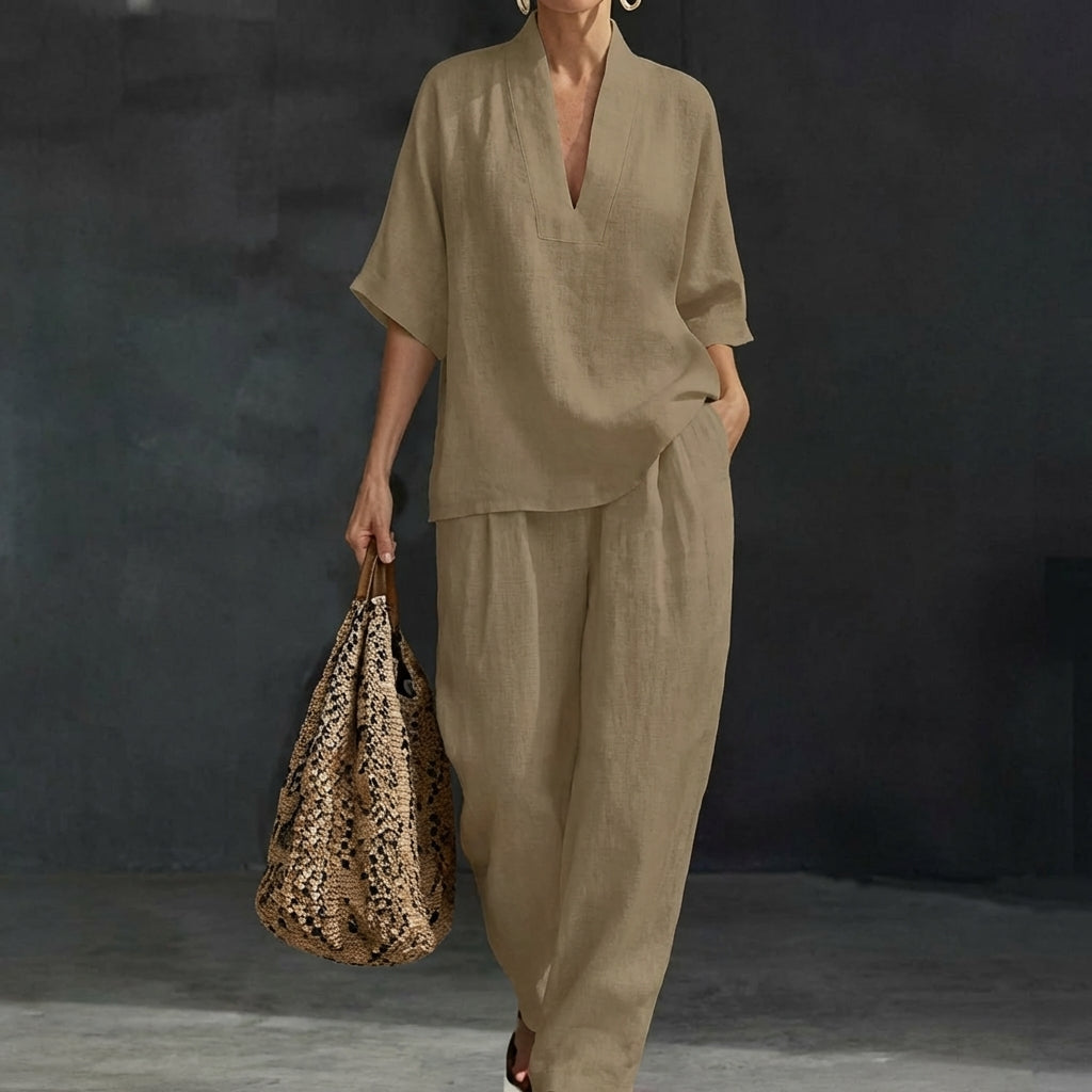 Dolores Damen Zweiteiler mit Henley Oberteil und weiter Hose