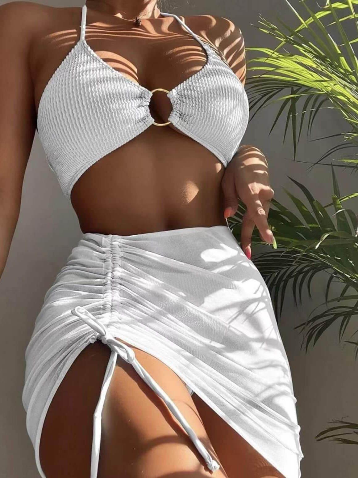 Unifarbenes dreiteiliges Halfterneck Bikini Set