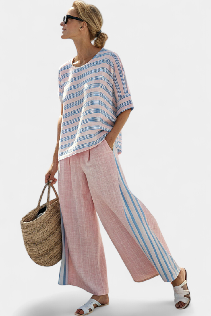 Virella | Elegantes pink-blaues Leinenoberteil & weiche Hose