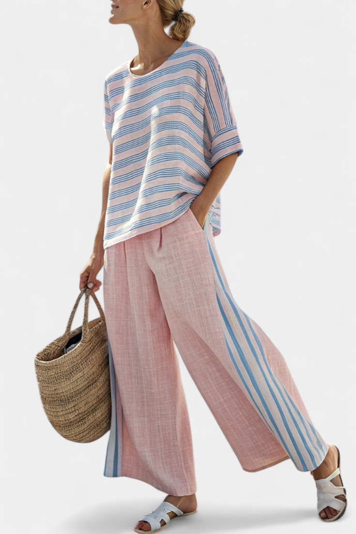 Virella | Elegantes pink-blaues Leinenoberteil & weiche Hose