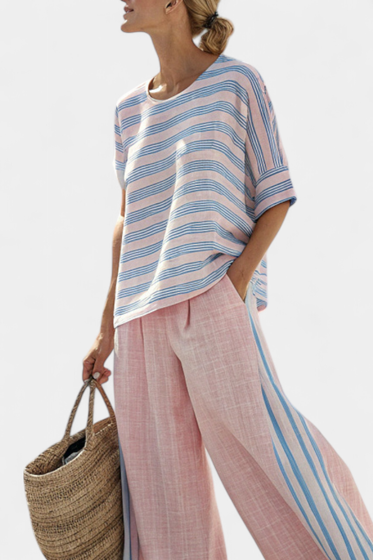 Virella | Elegantes pink-blaues Leinenoberteil & weiche Hose