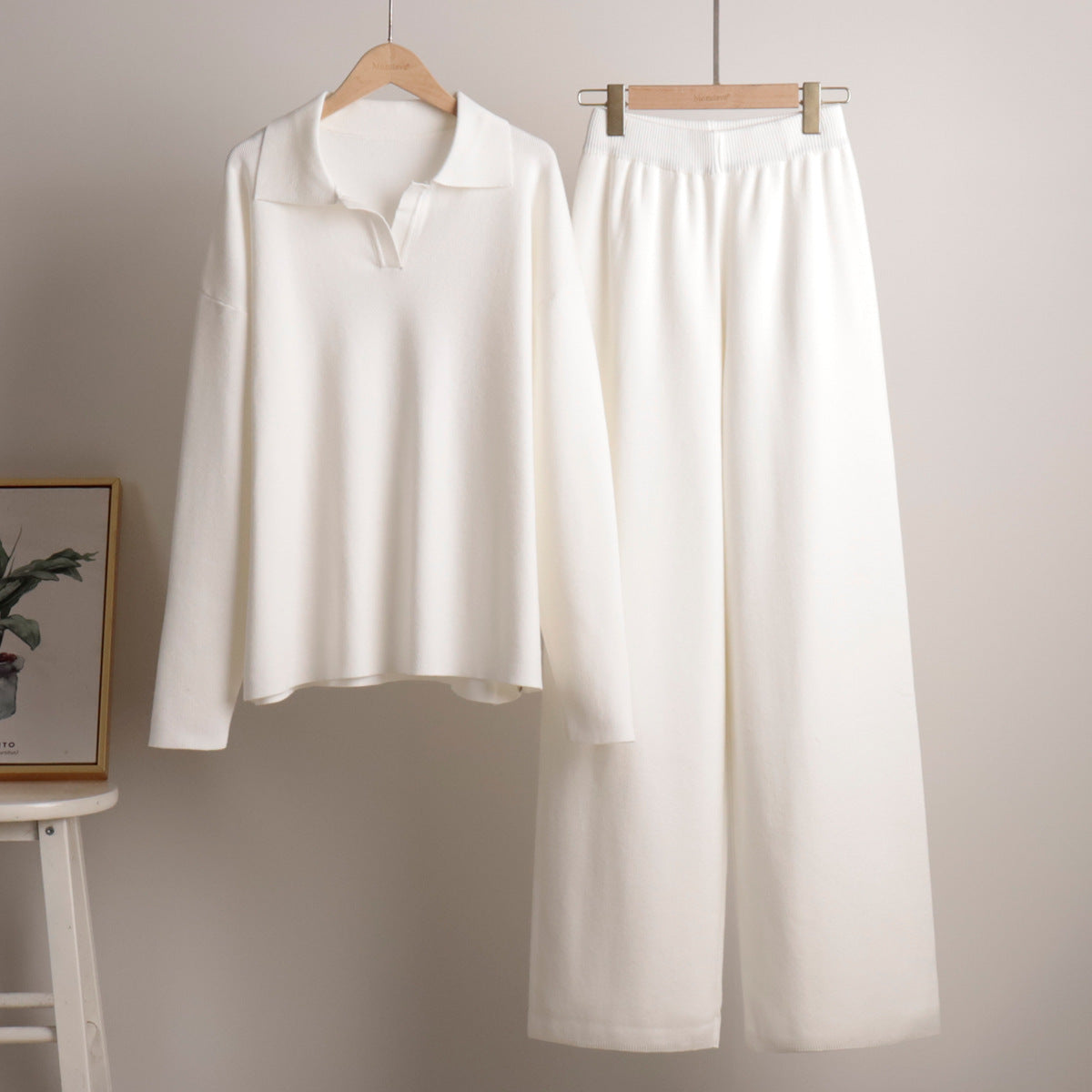 Damen Lounge Set mit Weitbein Hose und Polo Pullover