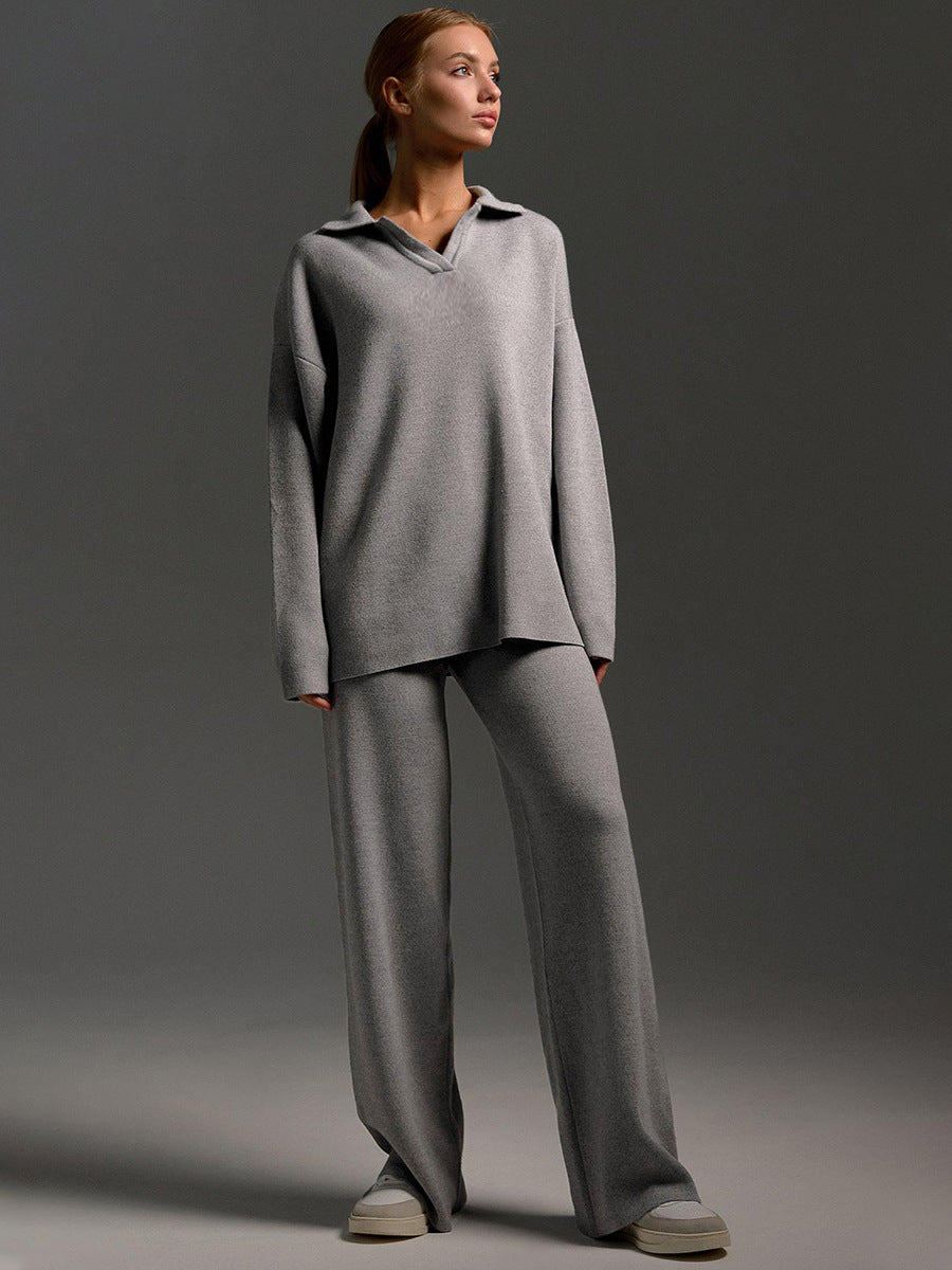 Damen Lounge Set mit Weitbein Hose und Polo Pullover