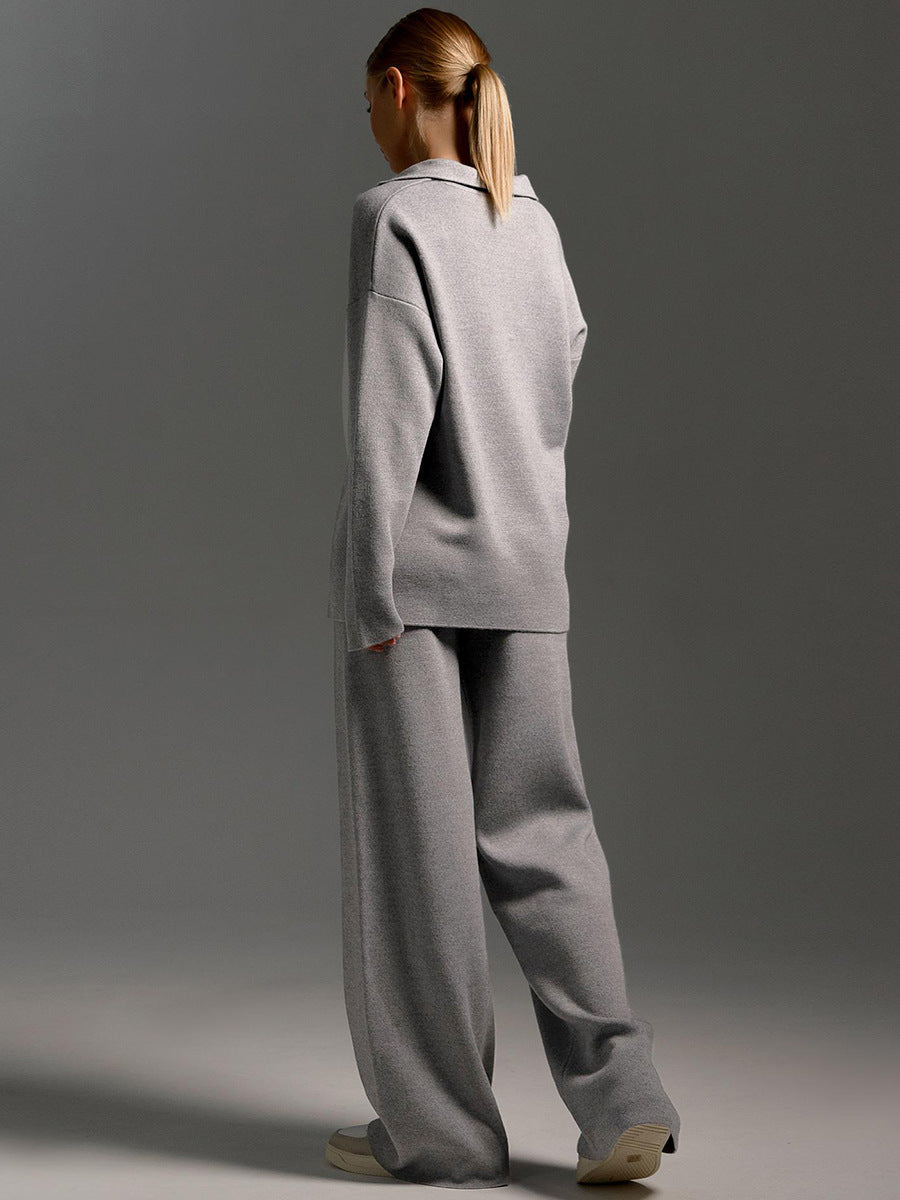 Damen Lounge Set mit Weitbein Hose und Polo Pullover