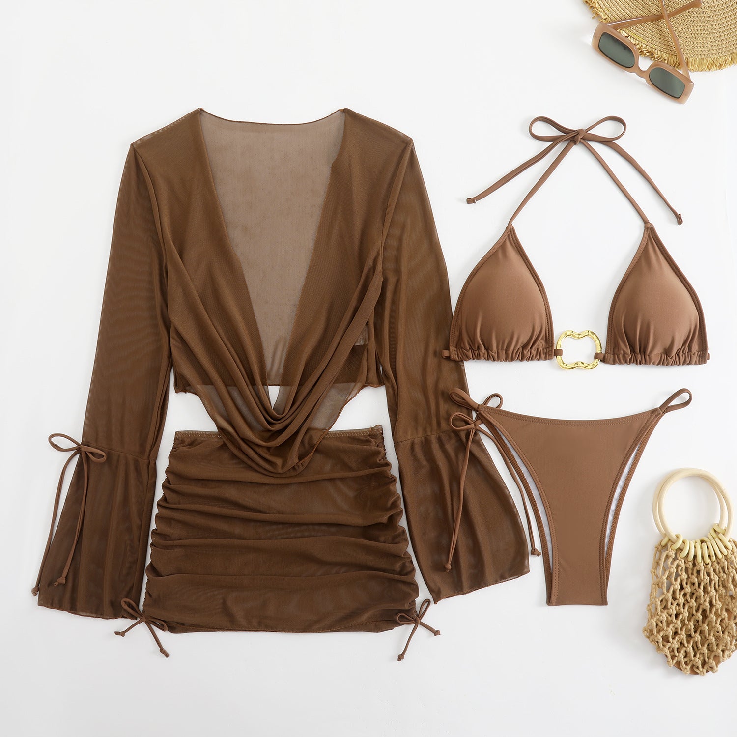 4-teiliges Damen Beachwear Set mit Bikini langärmligem Cover Up und Minirock
