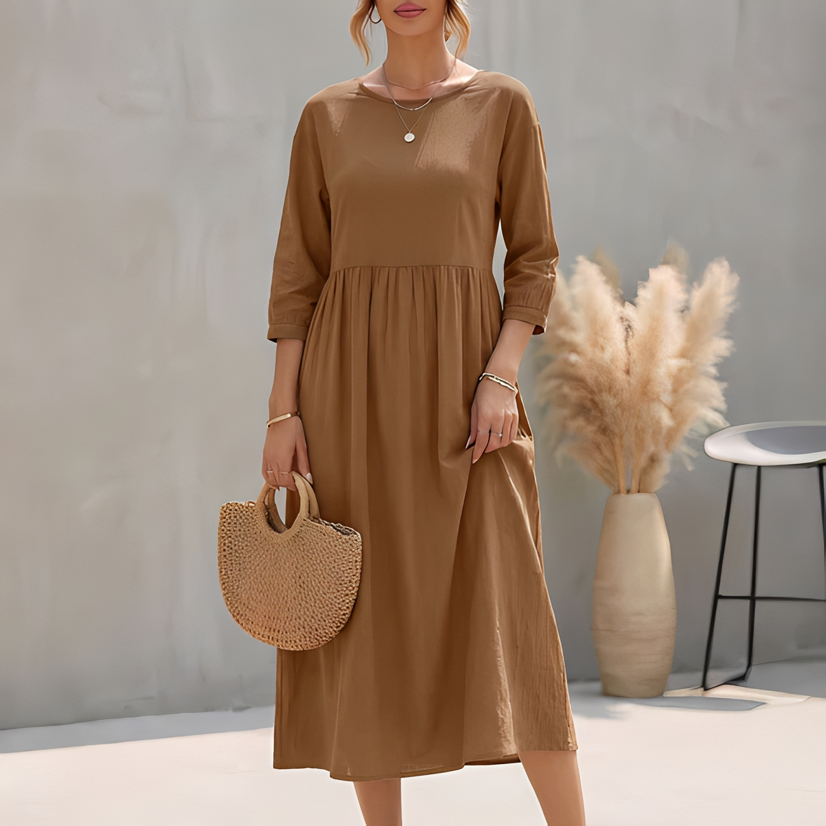 Sommerkleid Midi Damen Empire Taille Dreiviertelarm und Seitentaschen